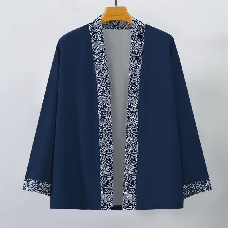 Buddha Stones Kimono de hombre de algodón con ribete de olas marinas y frente abierto. - image 1