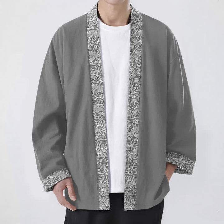 Buddha Stones Kimono de hombre de algodón con ribete de olas marinas y frente abierto. - Gris - US/UK/AU48, UE58 (4XL) - image 6