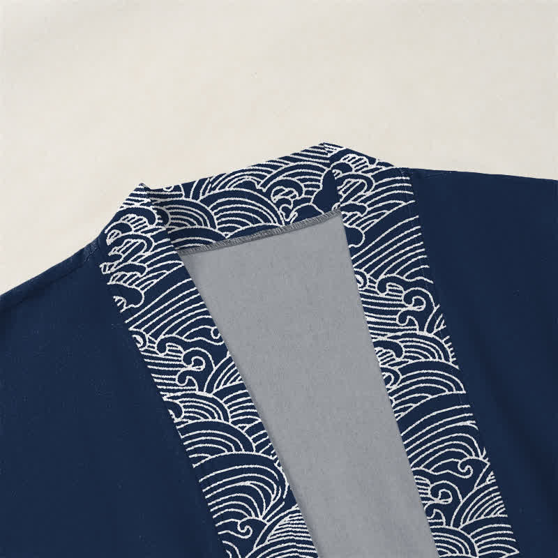 Buddha Stones Kimono de hombre de algodón con ribete de olas marinas y frente abierto. - image 3