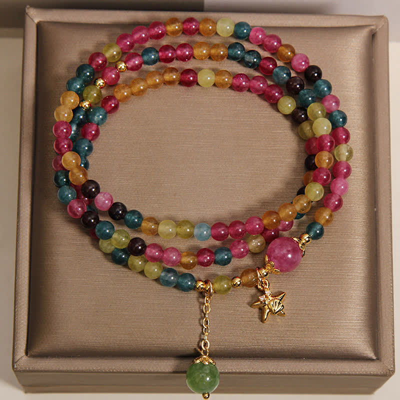 Buddha Stones Pulsera protectora de triple envoltura con dije de estrella de mar de turmalina arcoíris - image 1