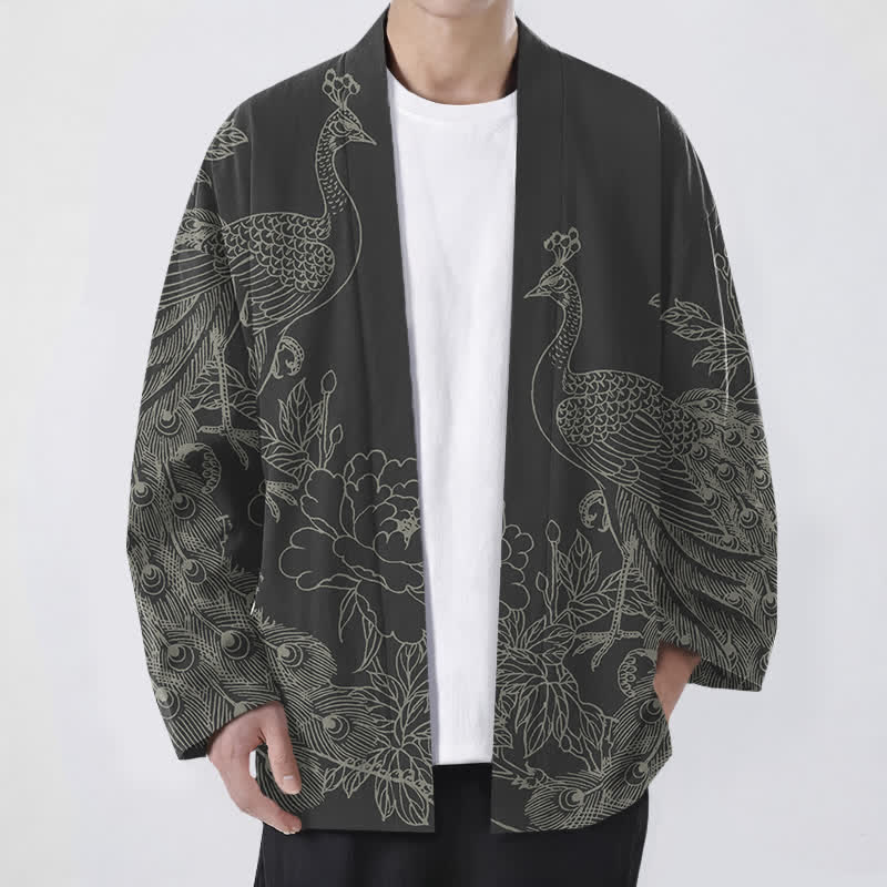 Buddha Stones Kimono de hombre con frente abierto, estampado de peonías y pavos reales de algodón. - Negro - US/UK/AU48, UE58 (4XL) - image 0