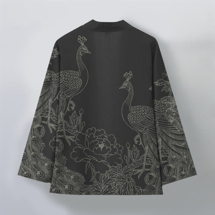 Buddha Stones Kimono de hombre con frente abierto, estampado de peonías y pavos reales de algodón. - image 2
