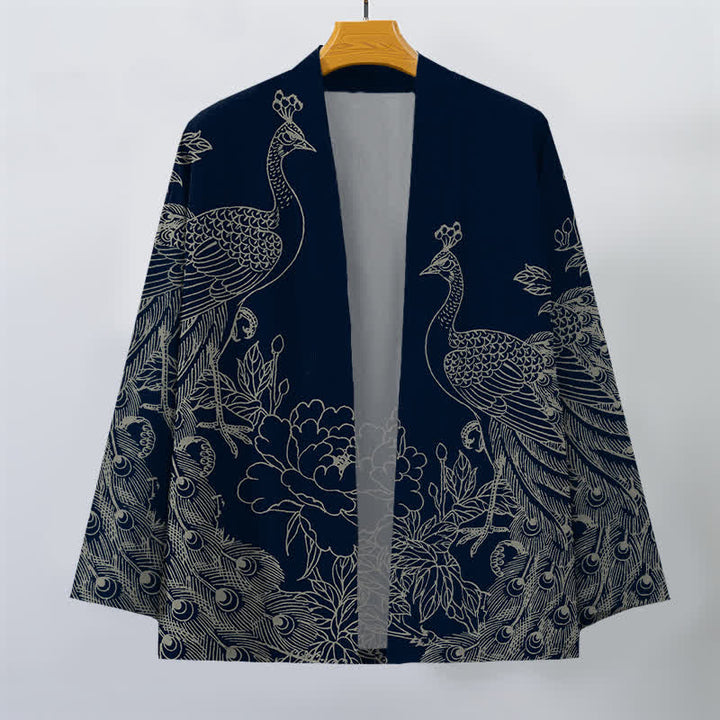 Buddha Stones Kimono de hombre con frente abierto, estampado de peonías y pavos reales de algodón. - image 7
