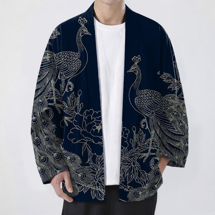 Buddha Stones Kimono de hombre con frente abierto, estampado de peonías y pavos reales de algodón. - Marina de guerra - US/UK/AU48, UE58 (4XL) - image 6