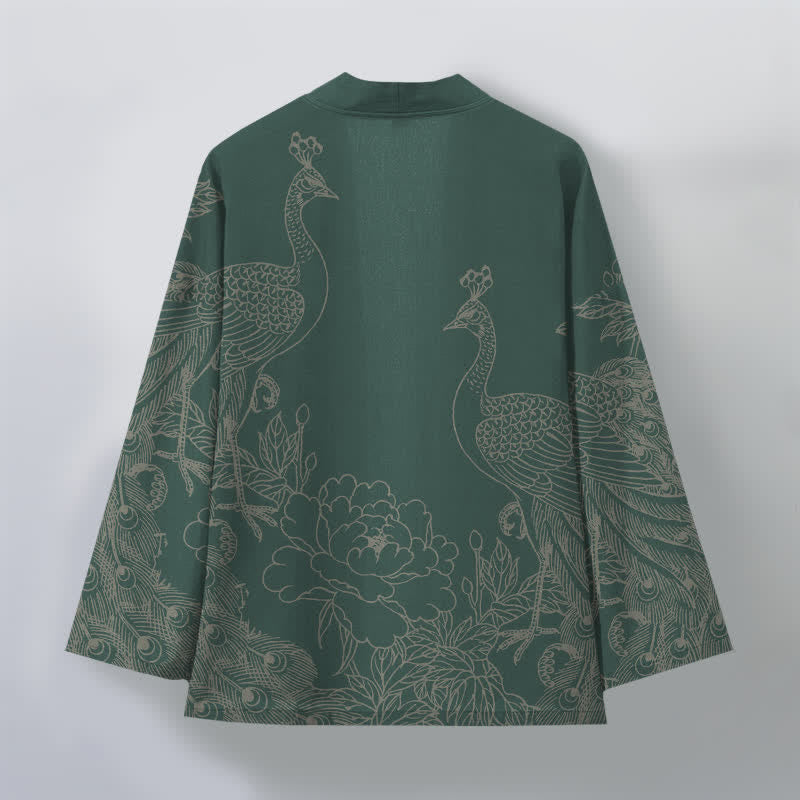 Buddha Stones Kimono de hombre con frente abierto, estampado de peonías y pavos reales de algodón. - image 11