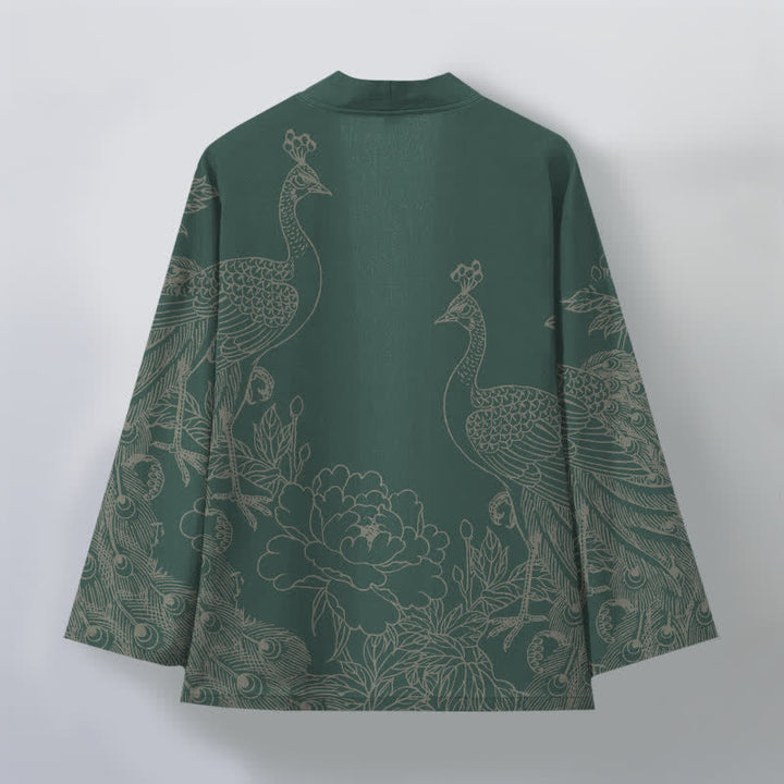 Buddha Stones Kimono de hombre con frente abierto, estampado de peonías y pavos reales de algodón. - image 11