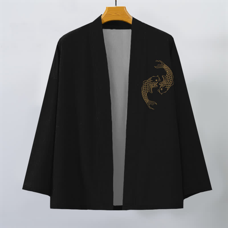 Buddha Stones Kimono de algodón con estampado de carpas koi y frente abierto para hombre - image 1