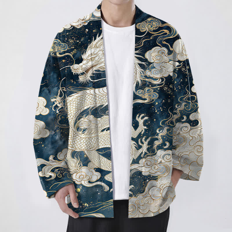 Buddha Stones Kimono de algodón con estampado de dragón celestial y nubes en espiral, abertura frontal para hombre. - Marina de guerra - US/UK/AU48, UE58 (4XL) - image 0