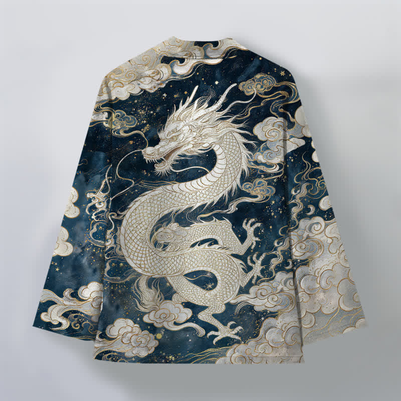 Buddha Stones Kimono de algodón con estampado de dragón celestial y nubes en espiral, abertura frontal para hombre. - image 2