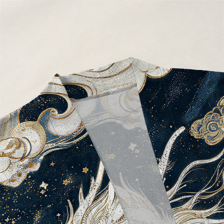 Buddha Stones Kimono de algodón con estampado de dragón celestial y nubes en espiral, abertura frontal para hombre. - image 3