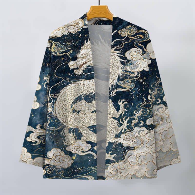 Buddha Stones Kimono de algodón con estampado de dragón celestial y nubes en espiral, abertura frontal para hombre. - image 1