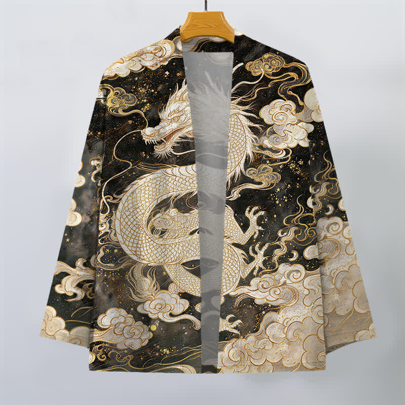 Buddha Stones Kimono de algodón con estampado de dragón celestial y nubes en espiral, abertura frontal para hombre. - image 7