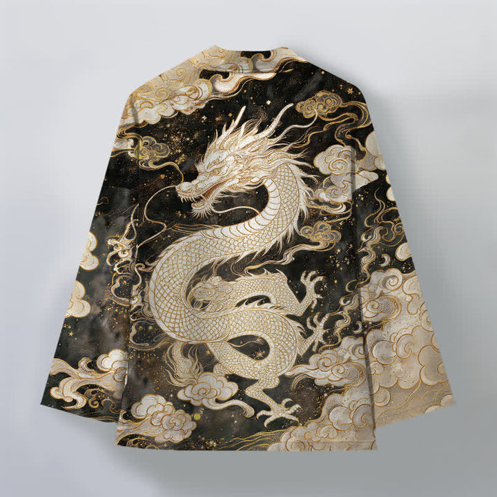 Buddha Stones Kimono de algodón con estampado de dragón celestial y nubes en espiral, abertura frontal para hombre. - image 8