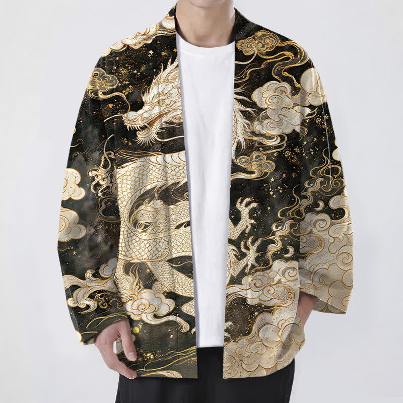 Buddha Stones Kimono de algodón con estampado de dragón celestial y nubes en espiral, abertura frontal para hombre. - Caqui - US/UK/AU48, UE58 (4XL) - image 6