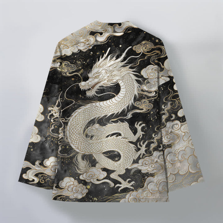 Buddha Stones Kimono de algodón con estampado de dragón celestial y nubes en espiral, abertura frontal para hombre. - image 11