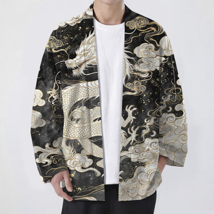 Buddha Stones Kimono de algodón con estampado de dragón celestial y nubes en espiral, abertura frontal para hombre. - Blanco floral - US/UK/AU48, UE58 (4XL) - image 9