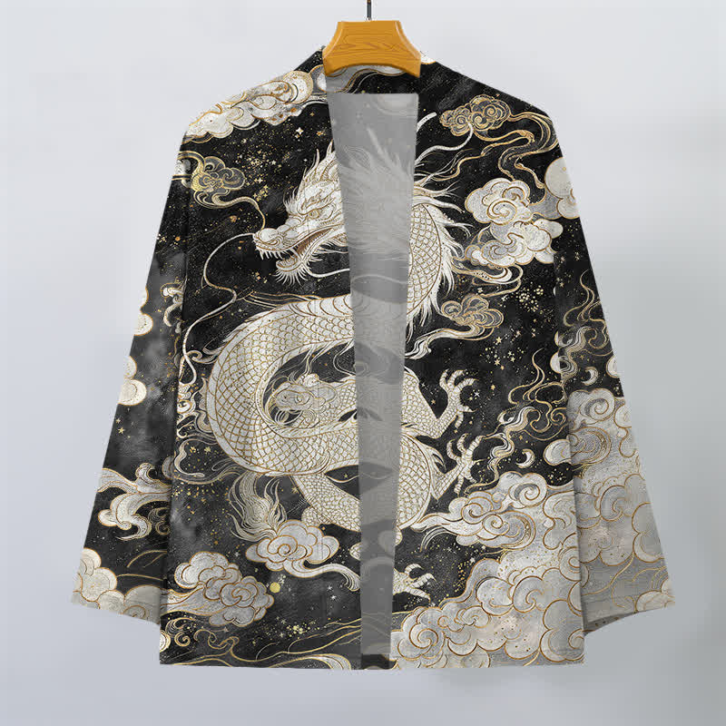 Buddha Stones Kimono de algodón con estampado de dragón celestial y nubes en espiral, abertura frontal para hombre. - image 10