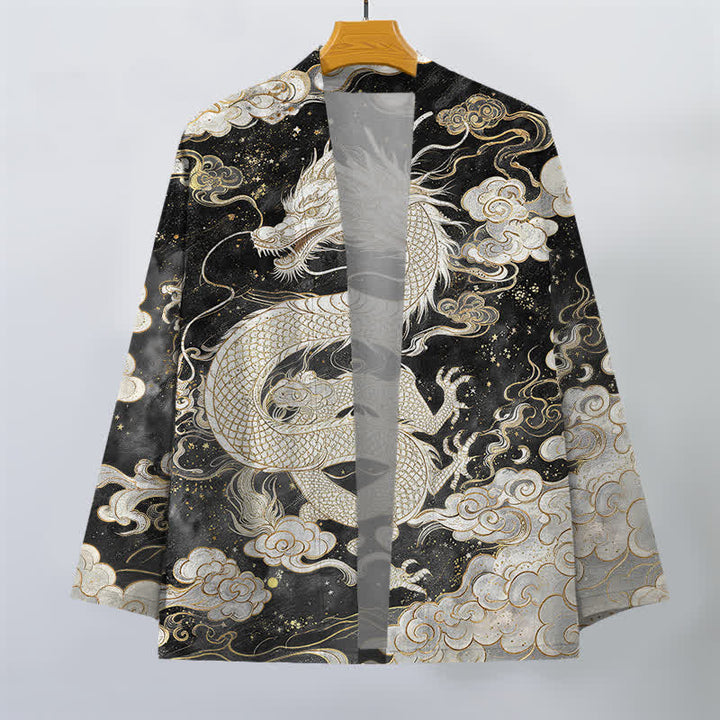 Buddha Stones Kimono de algodón con estampado de dragón celestial y nubes en espiral, abertura frontal para hombre. - image 10