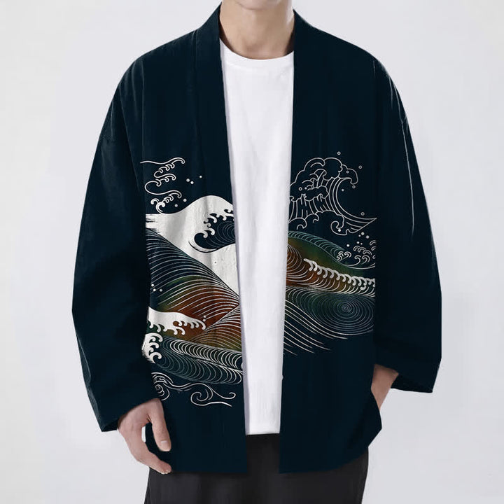 Buddha Stones Kimono de hombre con estampado de olas oceánicas fluidas y frente abierto, de algodón. - Negro - US/UK/AU48, UE58 (4XL) - image 0