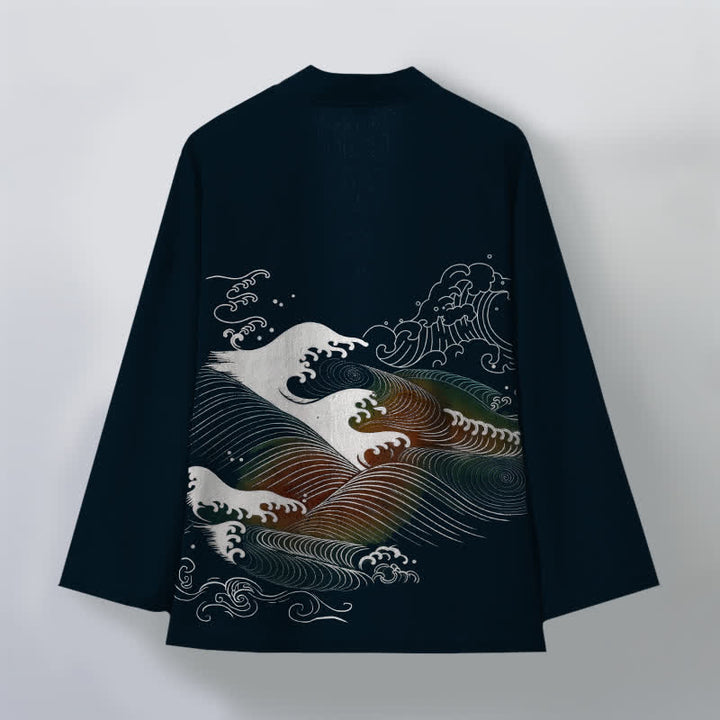 Buddha Stones Kimono de hombre con estampado de olas oceánicas fluidas y frente abierto, de algodón. - image 2