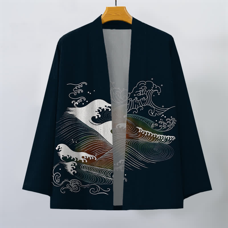 Buddha Stones Kimono de hombre con estampado de olas oceánicas fluidas y frente abierto, de algodón. - image 1