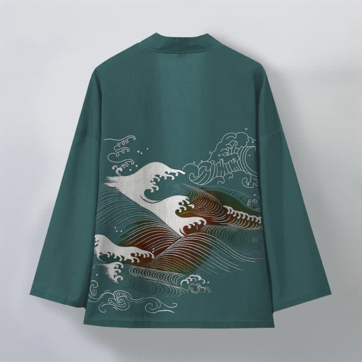 Buddha Stones Kimono de hombre con estampado de olas oceánicas fluidas y frente abierto, de algodón. - image 8
