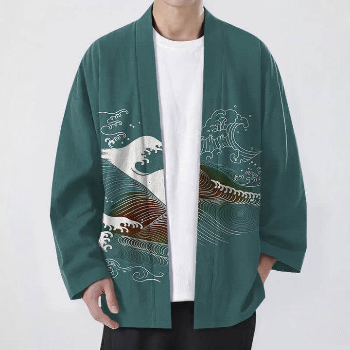 Buddha Stones Kimono de hombre con estampado de olas oceánicas fluidas y frente abierto, de algodón. - Verde azulado - US/UK/AU48, UE58 (4XL) - image 6