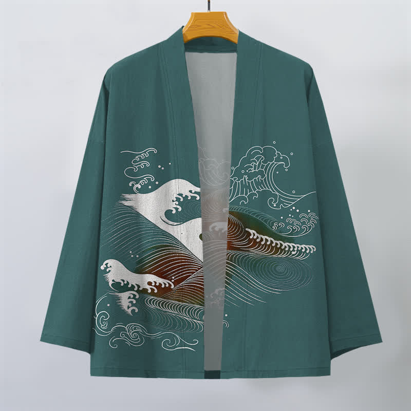 Buddha Stones Kimono de hombre con estampado de olas oceánicas fluidas y frente abierto, de algodón. - image 7