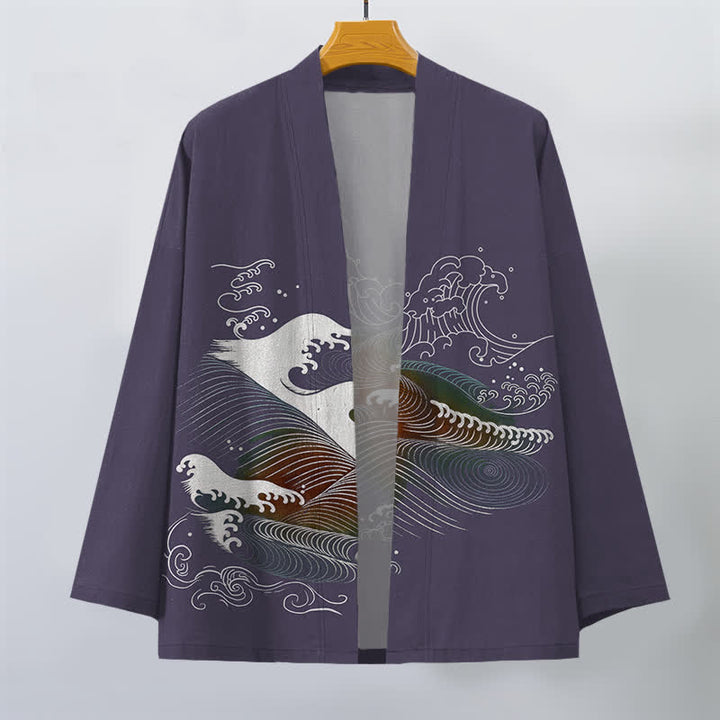Buddha Stones Kimono de hombre con estampado de olas oceánicas fluidas y frente abierto, de algodón. - image 10