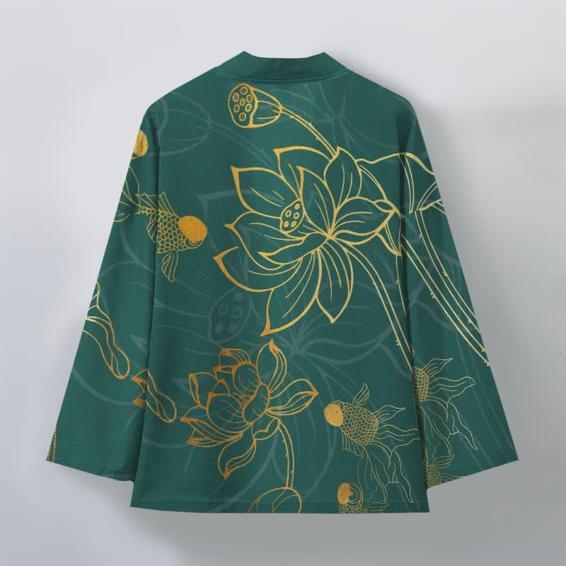 Buddha Stones Kimono de algodón con estampado de loto koi y frente abierto para hombre - image 2
