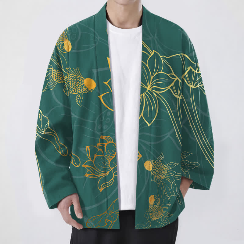Buddha Stones Kimono de algodón con estampado de loto koi y frente abierto para hombre - Verde mar medio - US/UK/AU48, UE58 (4XL) - image 0