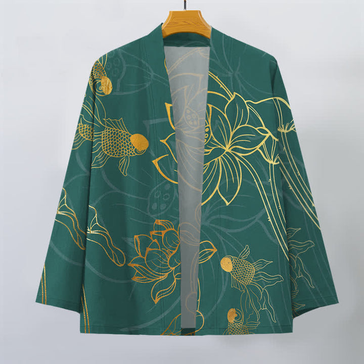 Buddha Stones Kimono de algodón con estampado de loto koi y frente abierto para hombre - image 1