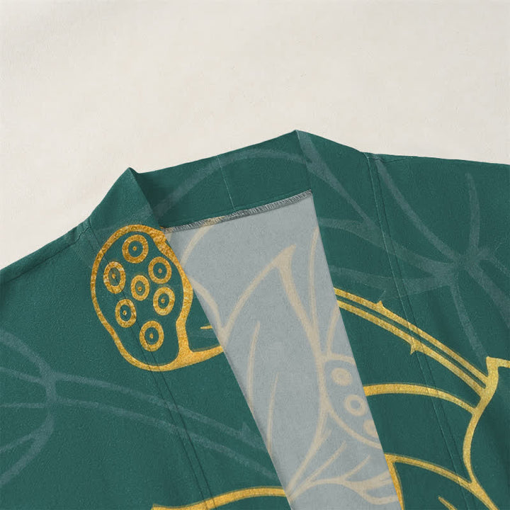 Buddha Stones Kimono de algodón con estampado de loto koi y frente abierto para hombre - image 3