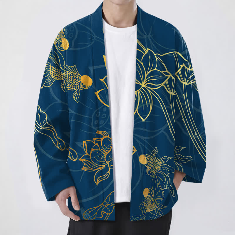 Buddha Stones Kimono de algodón con estampado de loto koi y frente abierto para hombre - Marina de guerra - US/UK/AU48, UE58 (4XL) - image 6