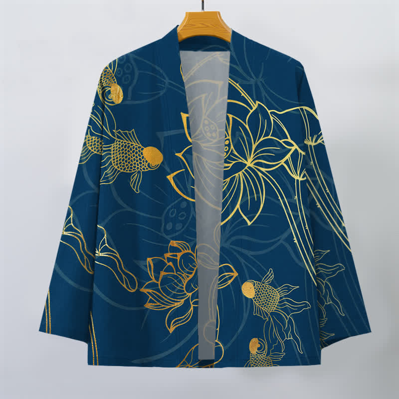 Buddha Stones Kimono de algodón con estampado de loto koi y frente abierto para hombre - image 7