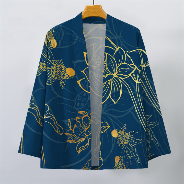 Buddha Stones Kimono de algodón con estampado de loto koi y frente abierto para hombre - image 7