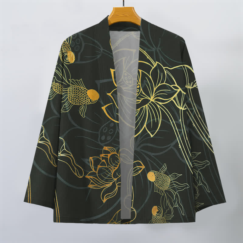 Buddha Stones Kimono de algodón con estampado de loto koi y frente abierto para hombre - image 10