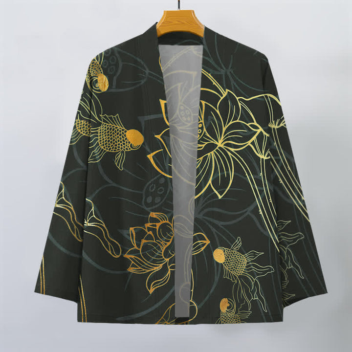 Buddha Stones Kimono de algodón con estampado de loto koi y frente abierto para hombre - image 10
