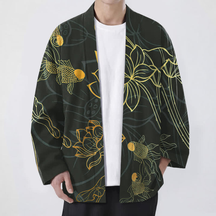 Buddha Stones Kimono de algodón con estampado de loto koi y frente abierto para hombre - Negro - US/UK/AU48, UE58 (4XL) - image 9