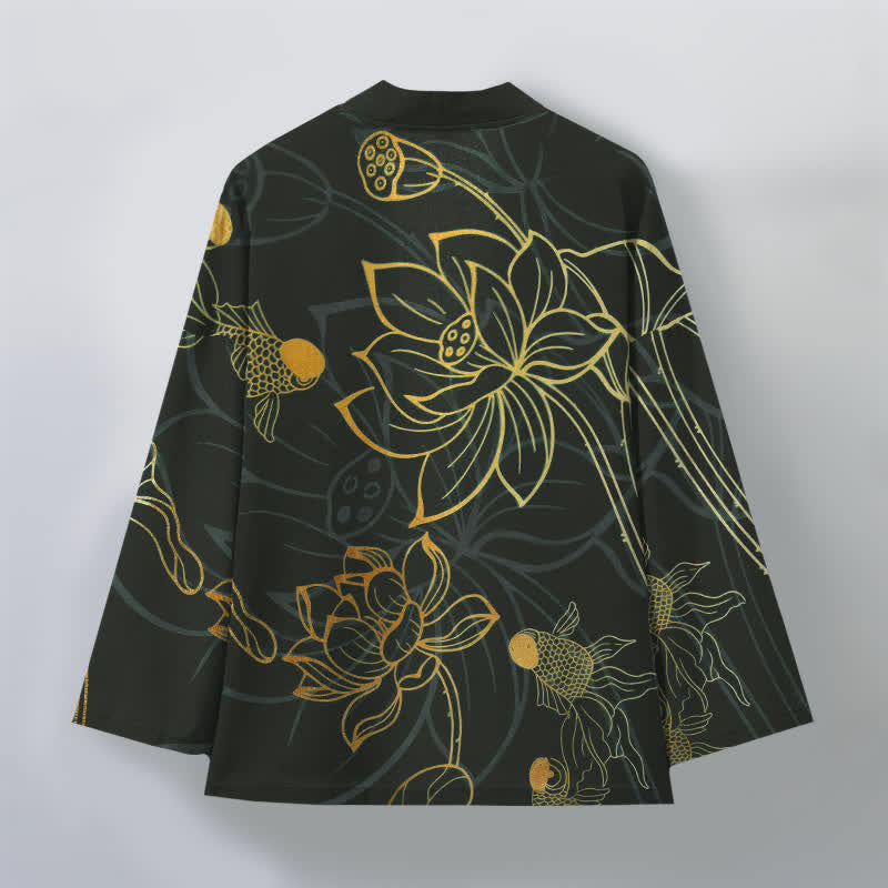 Buddha Stones Kimono de algodón con estampado de loto koi y frente abierto para hombre - image 11