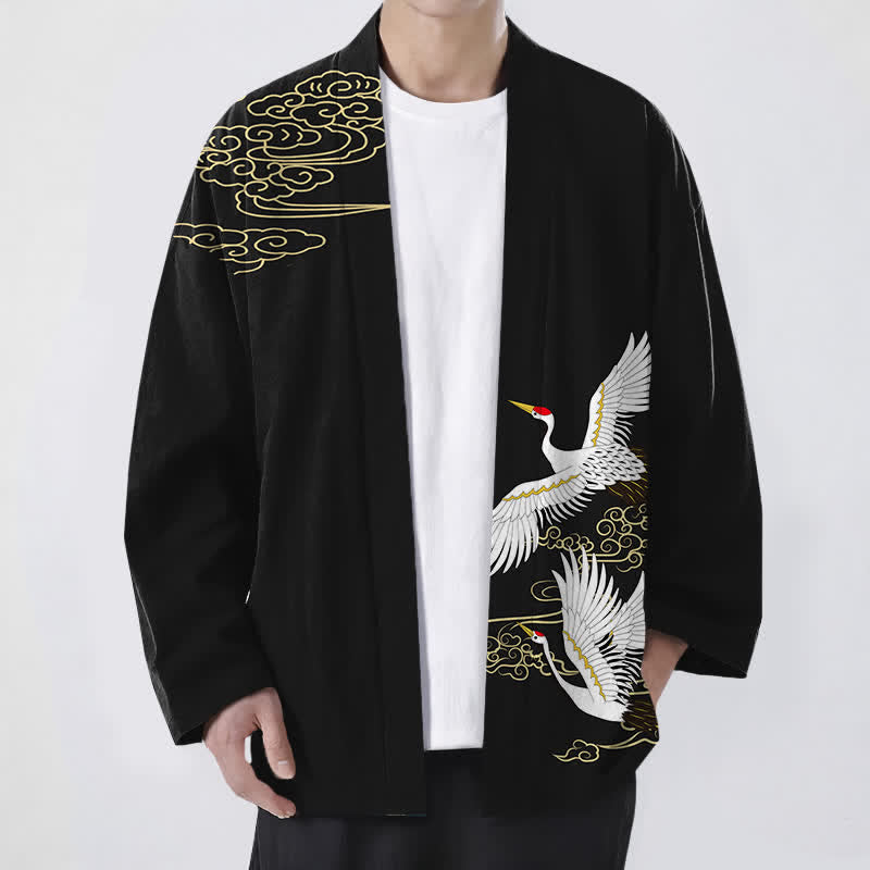 Buddha Stones Kimono de hombre con frente abierto, estampado de grulla y nube auspiciosa, color blanco algodón. - Negro - US/UK/AU48, UE58 (4XL) - image 0