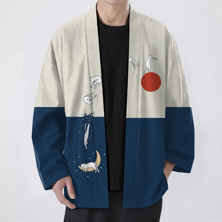 Buddha Stones Kimono de hombre con estampado de gato, sol y media luna, de algodón y frente abierto. - Marina de guerra - US/UK/AU48, UE58 (4XL) - image 0