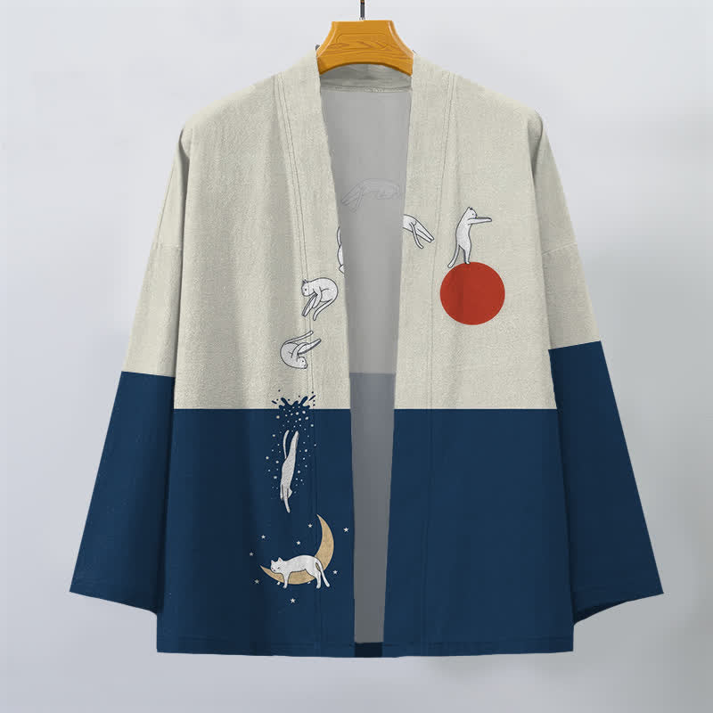 Buddha Stones Kimono de hombre con estampado de gato, sol y media luna, de algodón y frente abierto. - image 1