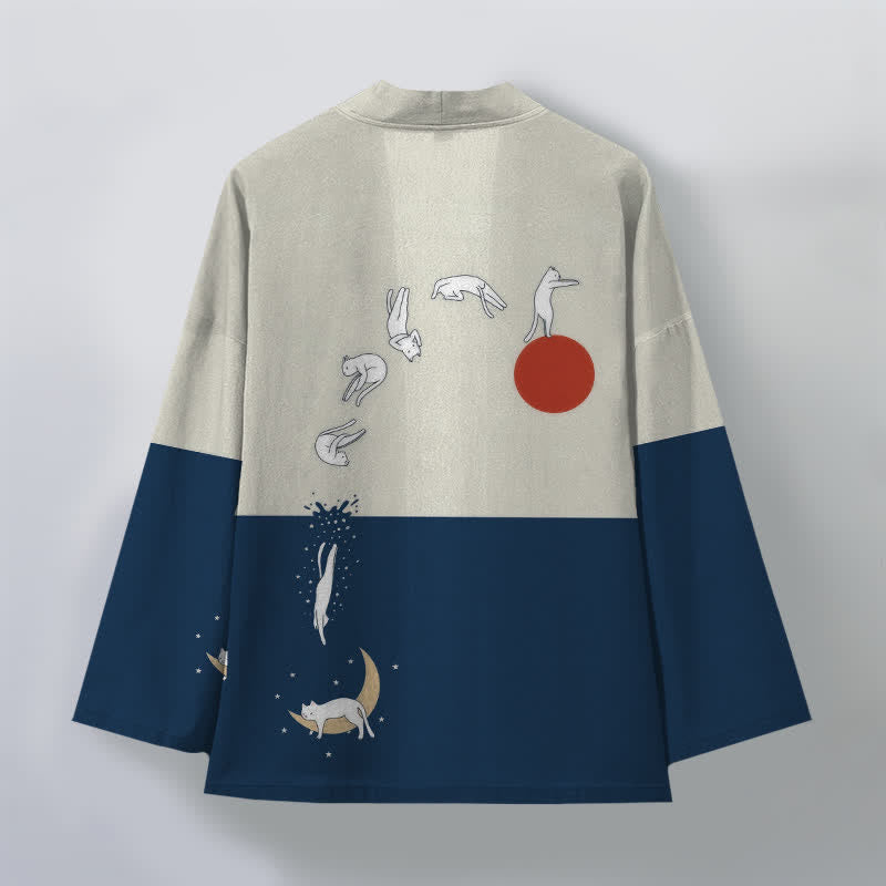 Buddha Stones Kimono de hombre con estampado de gato, sol y media luna, de algodón y frente abierto. - image 2
