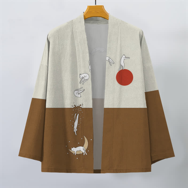 Buddha Stones Kimono de hombre con estampado de gato, sol y media luna, de algodón y frente abierto. - image 7