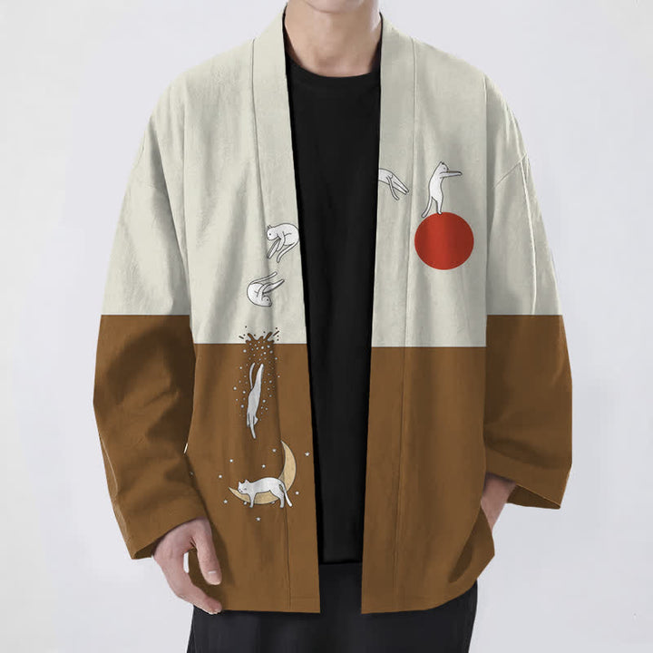 Buddha Stones Kimono de hombre con estampado de gato, sol y media luna, de algodón y frente abierto. - Perú - US/UK/AU48, UE58 (4XL) - image 6