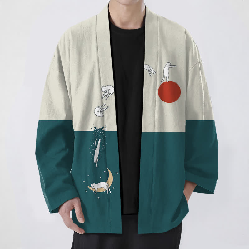 Buddha Stones Kimono de hombre con estampado de gato, sol y media luna, de algodón y frente abierto. - Verde azulado - US/UK/AU48, UE58 (4XL) - image 9