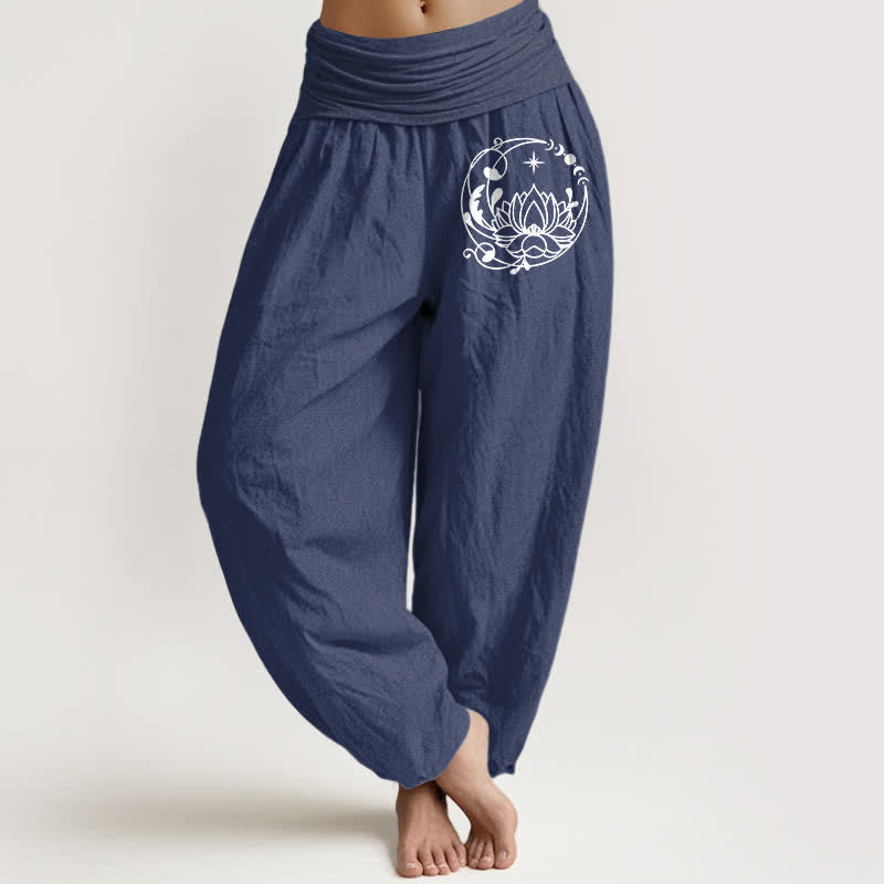 Buddha Stones Pantalones harem de mujer con cintura elástica y estampado de círculos Zen Lotus de algodón puro para mujer - Azul pizarra oscuro - US16，UK/AU20，EU48 (3XL) - image 0