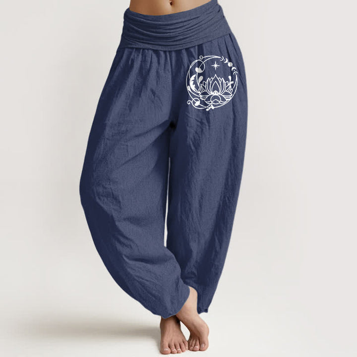 Buddha Stones Pantalones harem de mujer con cintura elástica y estampado de círculos Zen Lotus de algodón puro para mujer - Azul pizarra oscuro - US16，UK/AU20，EU48 (3XL) - image 0