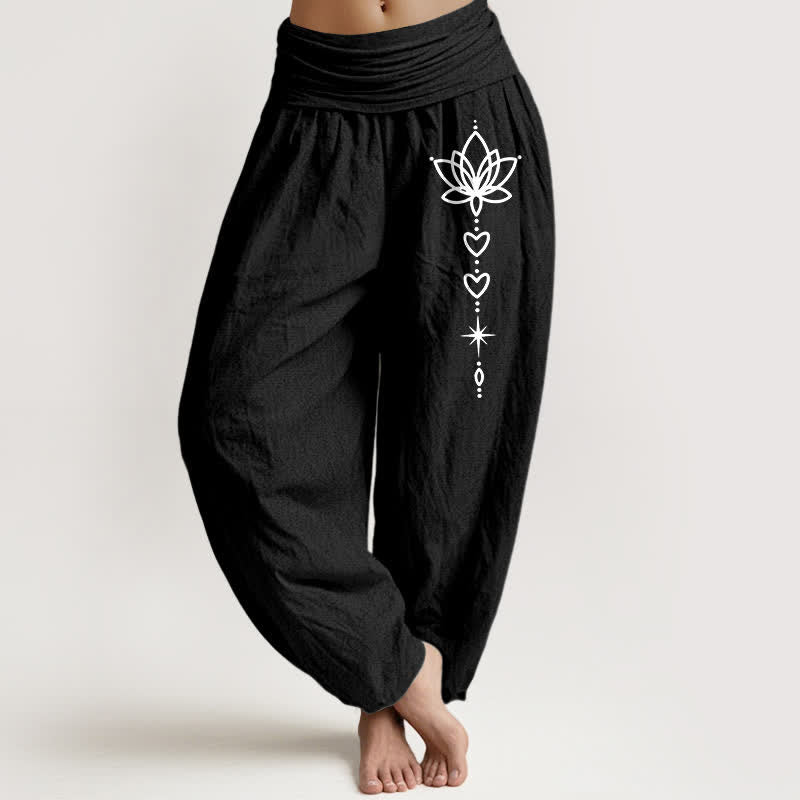 Buddha Stones Pantalones harem de algodón puro con estampado de corazón de loto y estrella para mujer, con cintura elástica. - Negro - US16，UK/AU20，EU48 (3XL) - image 0